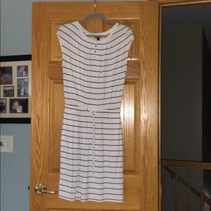 Navy blue and white pinstriped dress